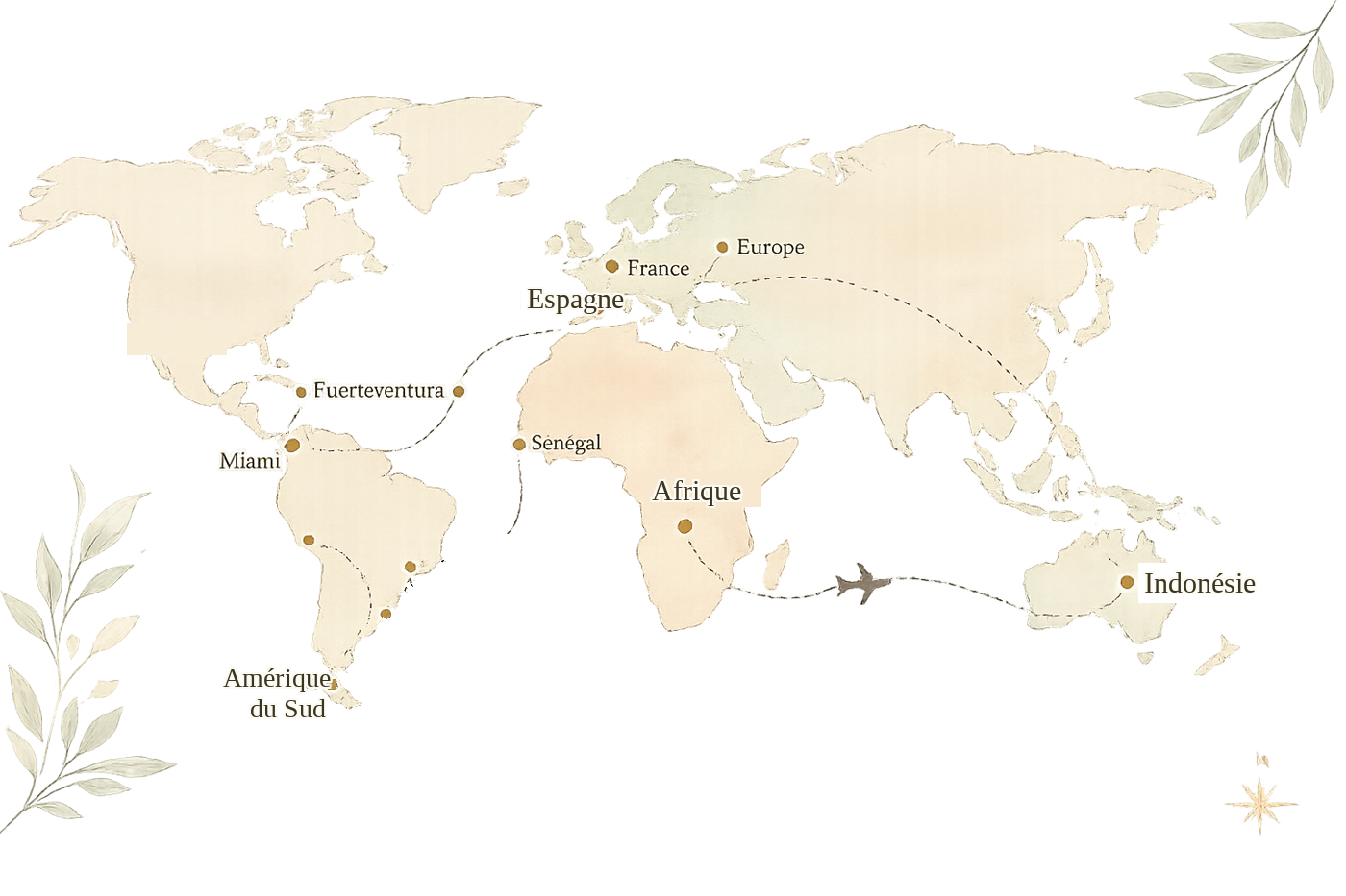 Carte du monde des stages et séminaires — Fuerteventura, France, Europe, Afrique, Indonésie